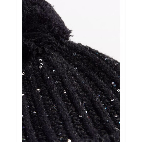 Torrid Cuffed Beanie Black Sequin Pom Pom Knit Foldover Shimmer Iridescent NWT - Picture 4 of 4
